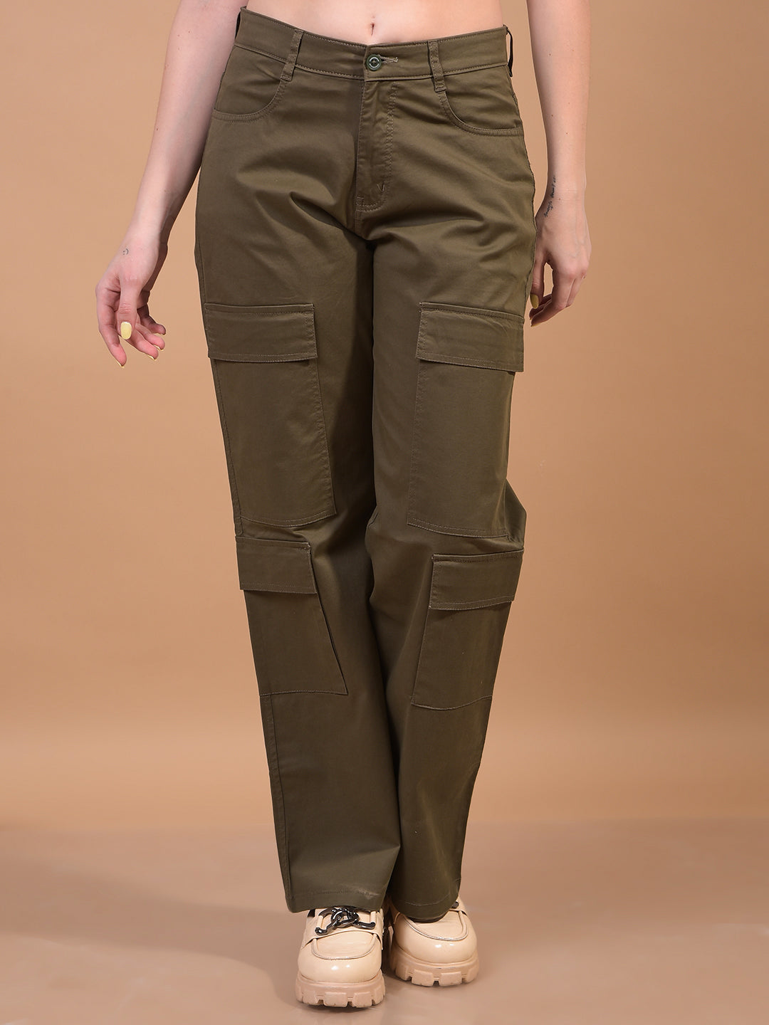 Women's Green Cargo Trousers-Women Trousers-Crimsoune Club