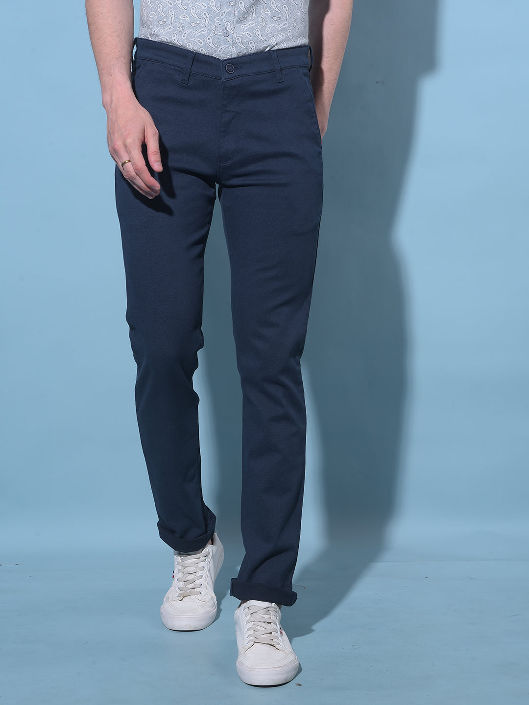 Navy Blue Printed Chinos Trousers-Men Trousers-Crimsoune Club