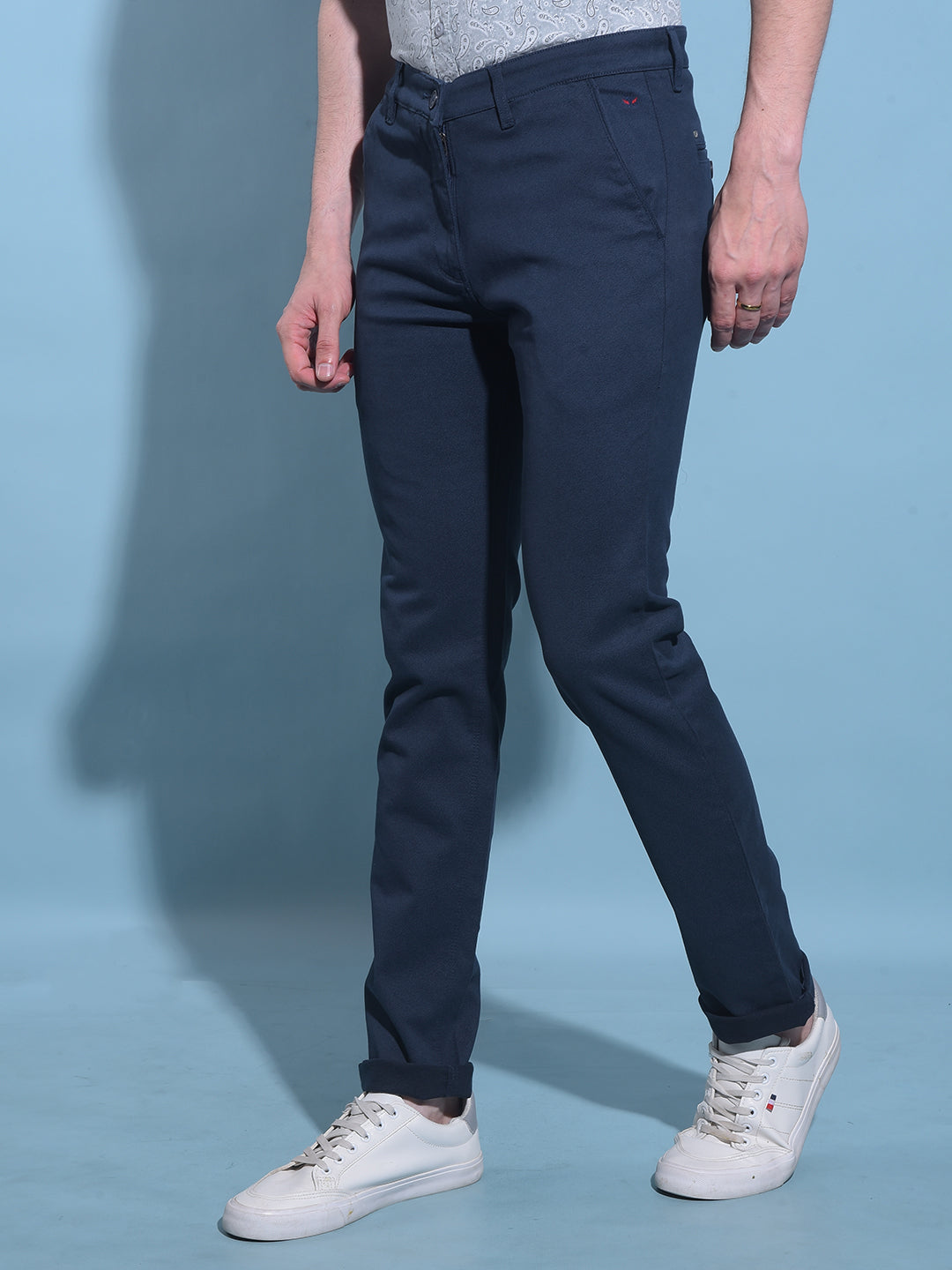 Navy Blue Printed Chinos Trousers-Men Trousers-Crimsoune Club