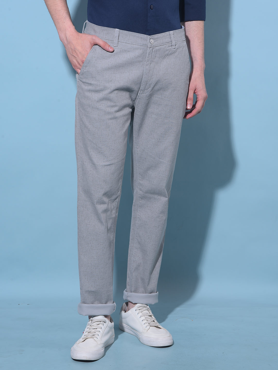 Grey Textured Printed Chinos Trousers-Men Trousers-Crimsoune Club