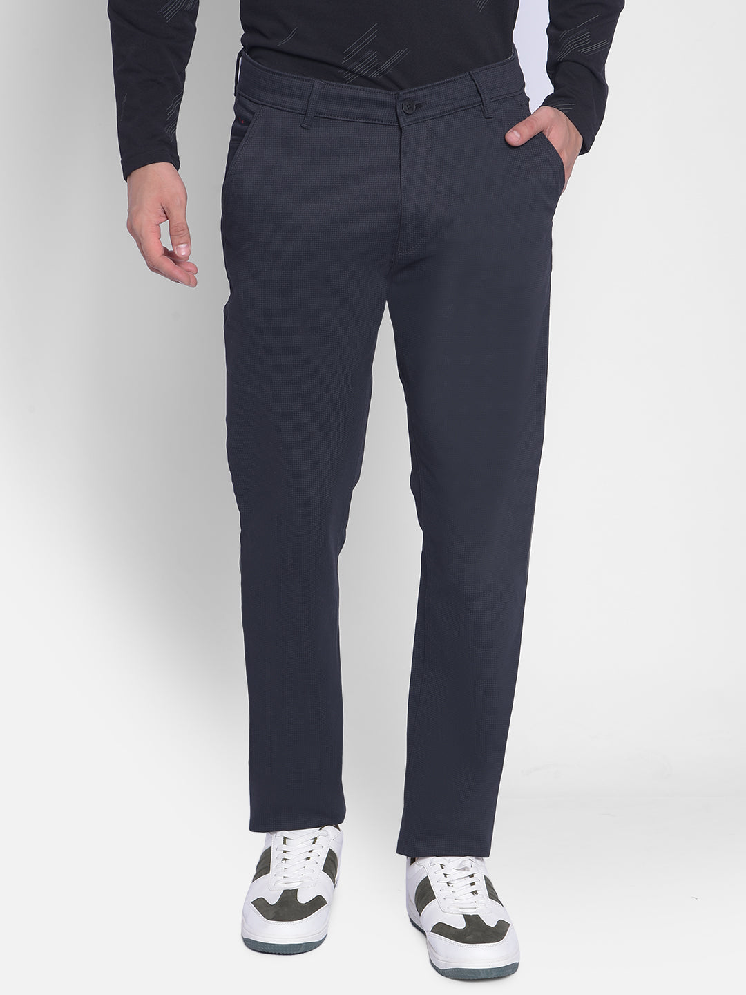 Navy Blue Printed Trouser-Men Jeans-Crimsoune Club
