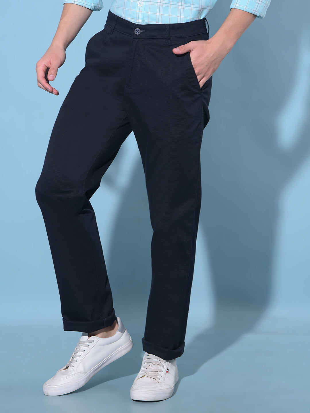 Navy Blue Straight Cotton Trousers-Men Trousers-Crimsoune Club