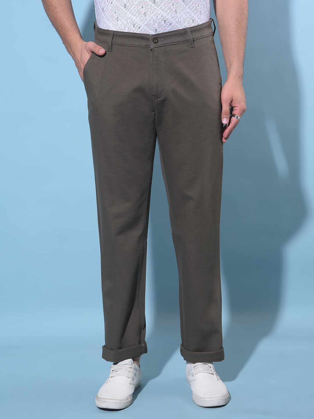 Olive Straight Dobby Trousers-Men Trousers-Crimsoune Club