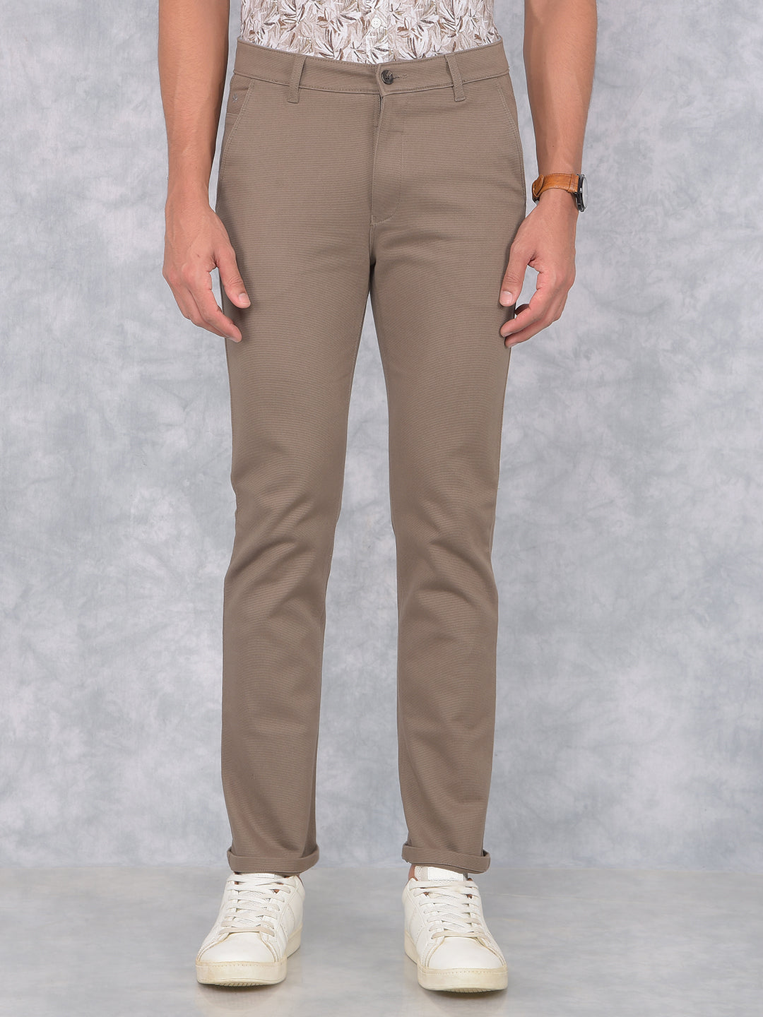 Brown Printed Straight Trousers-Men Trousers-Crimsoune Club