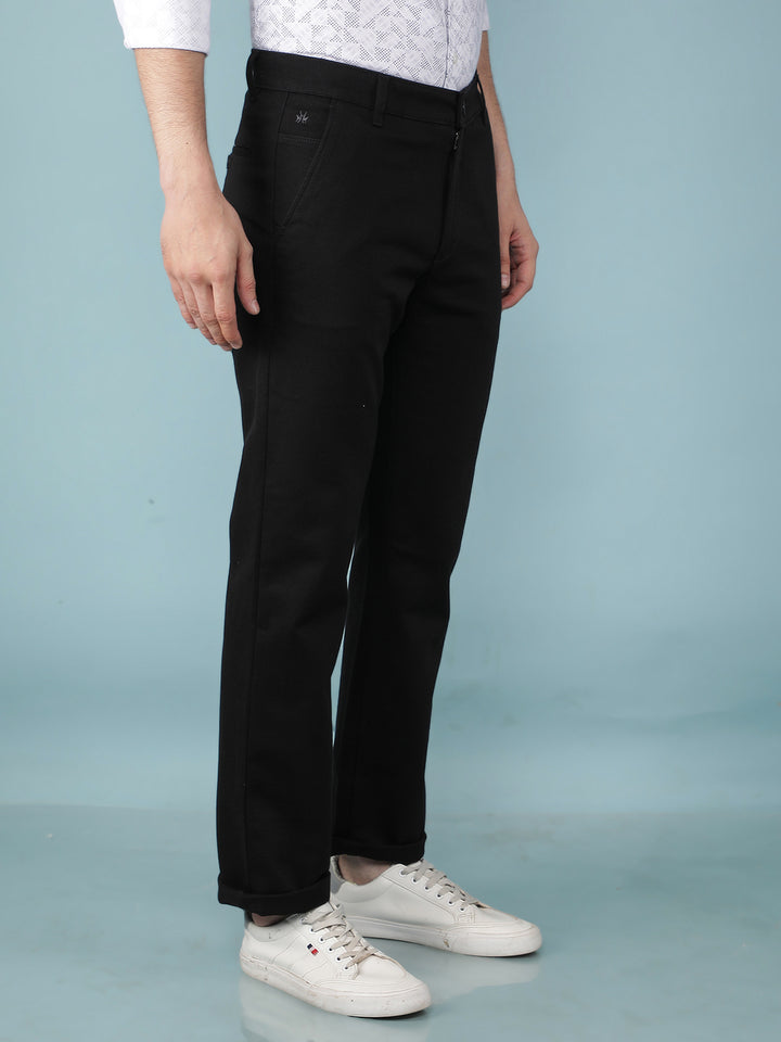 Black Printed Dobby Straight Trousers-Men Trousers-Crimsoune Club
