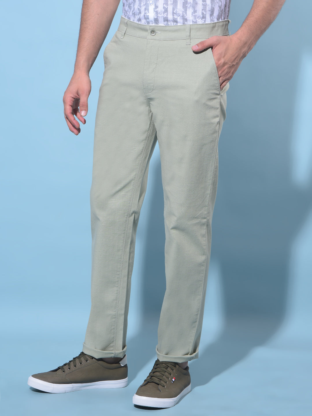 Green Straight Textured Printed Chinos Trousers-Men Trousers-Crimsoune Club