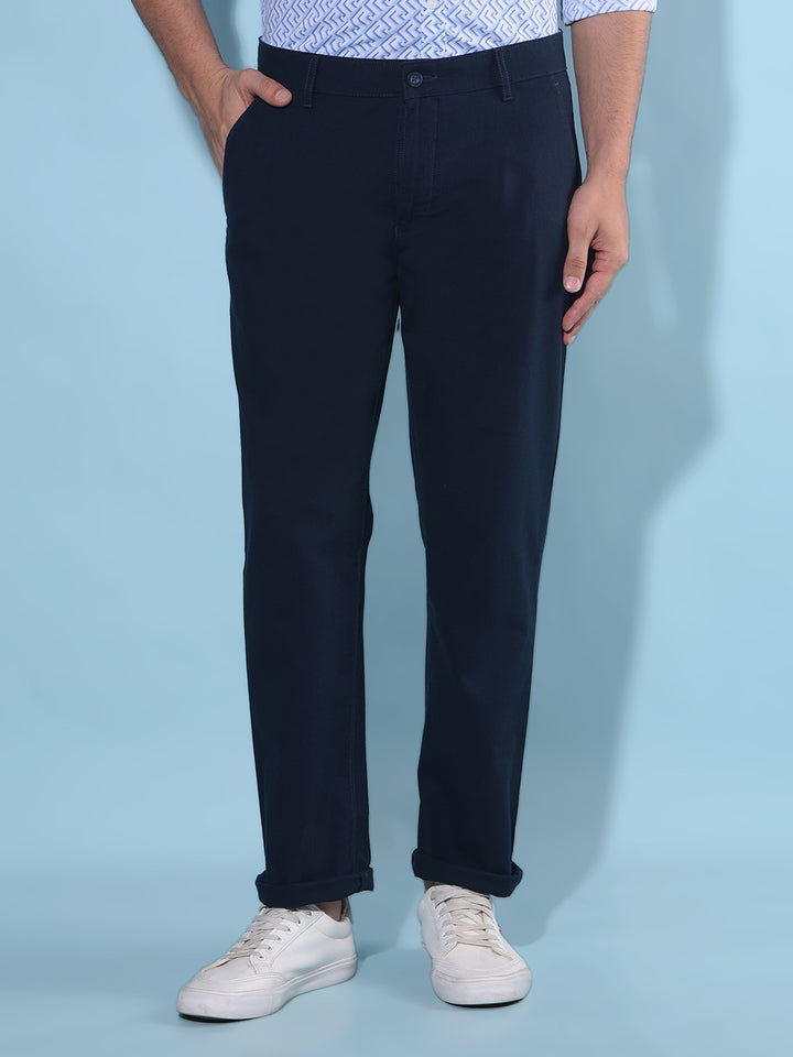 Navy Blue Straight Stretchable Trousers-Men Trousers-Crimsoune Club