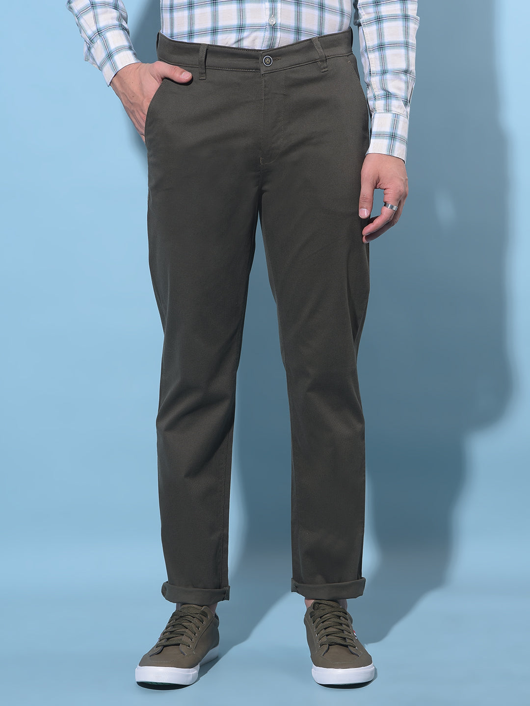 Olive Straight Printed Dobby Trousers-Men Trousers-Crimsoune Club