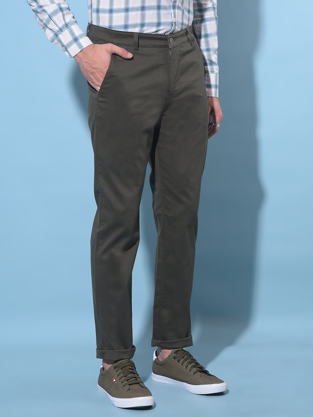 Olive Straight Printed Dobby Trousers-Men Trousers-Crimsoune Club