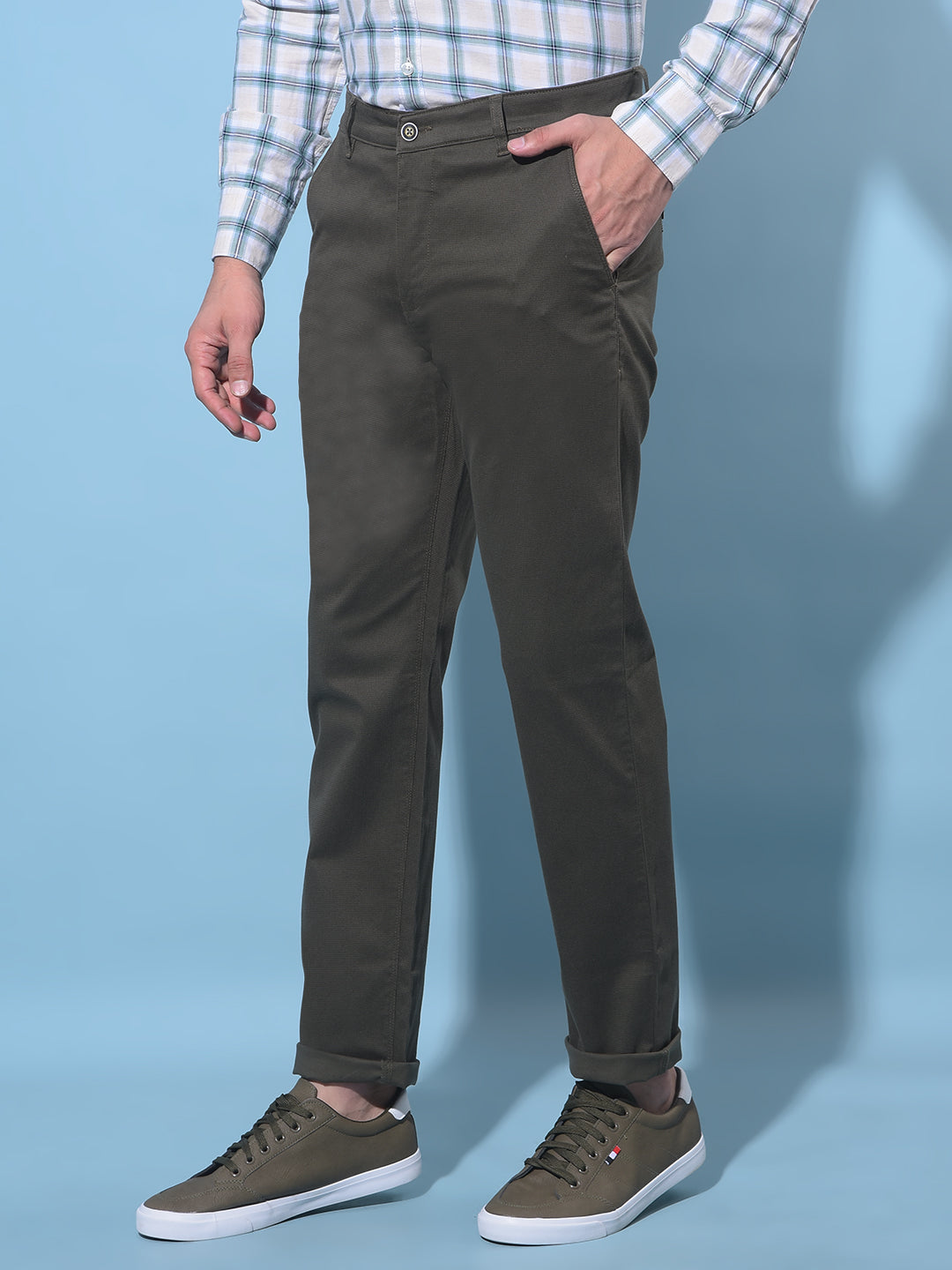 Olive Straight Printed Dobby Trousers-Men Trousers-Crimsoune Club