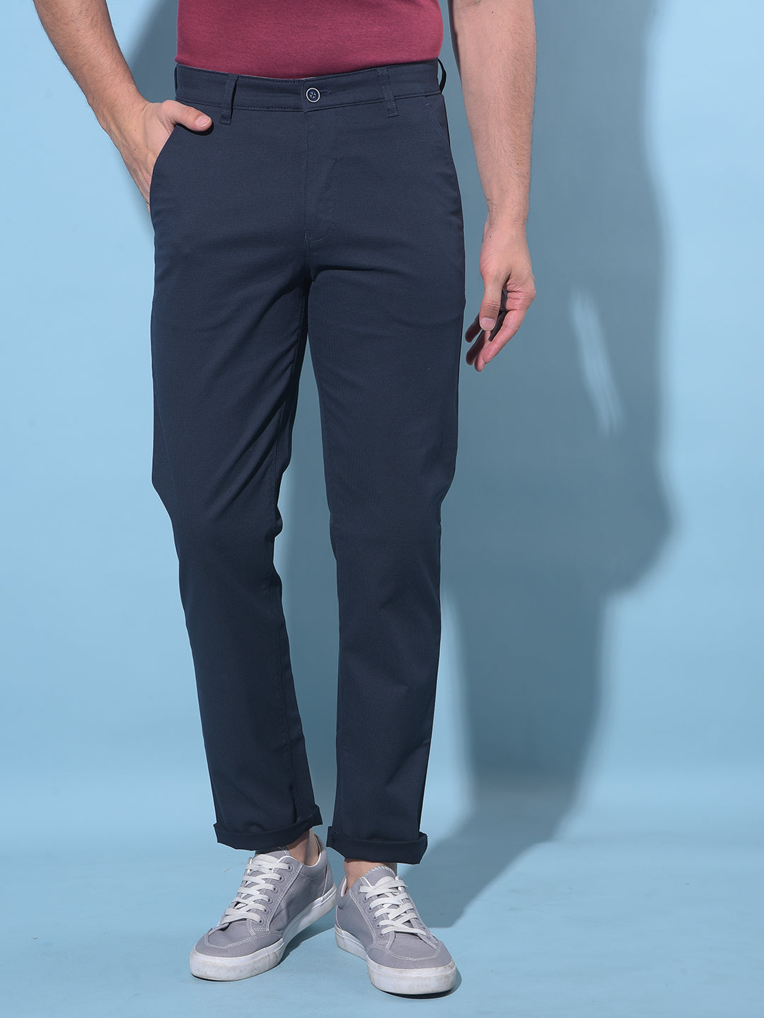 Navy Blue Straight Stretchable Trousers-Men Trousers-Crimsoune Club