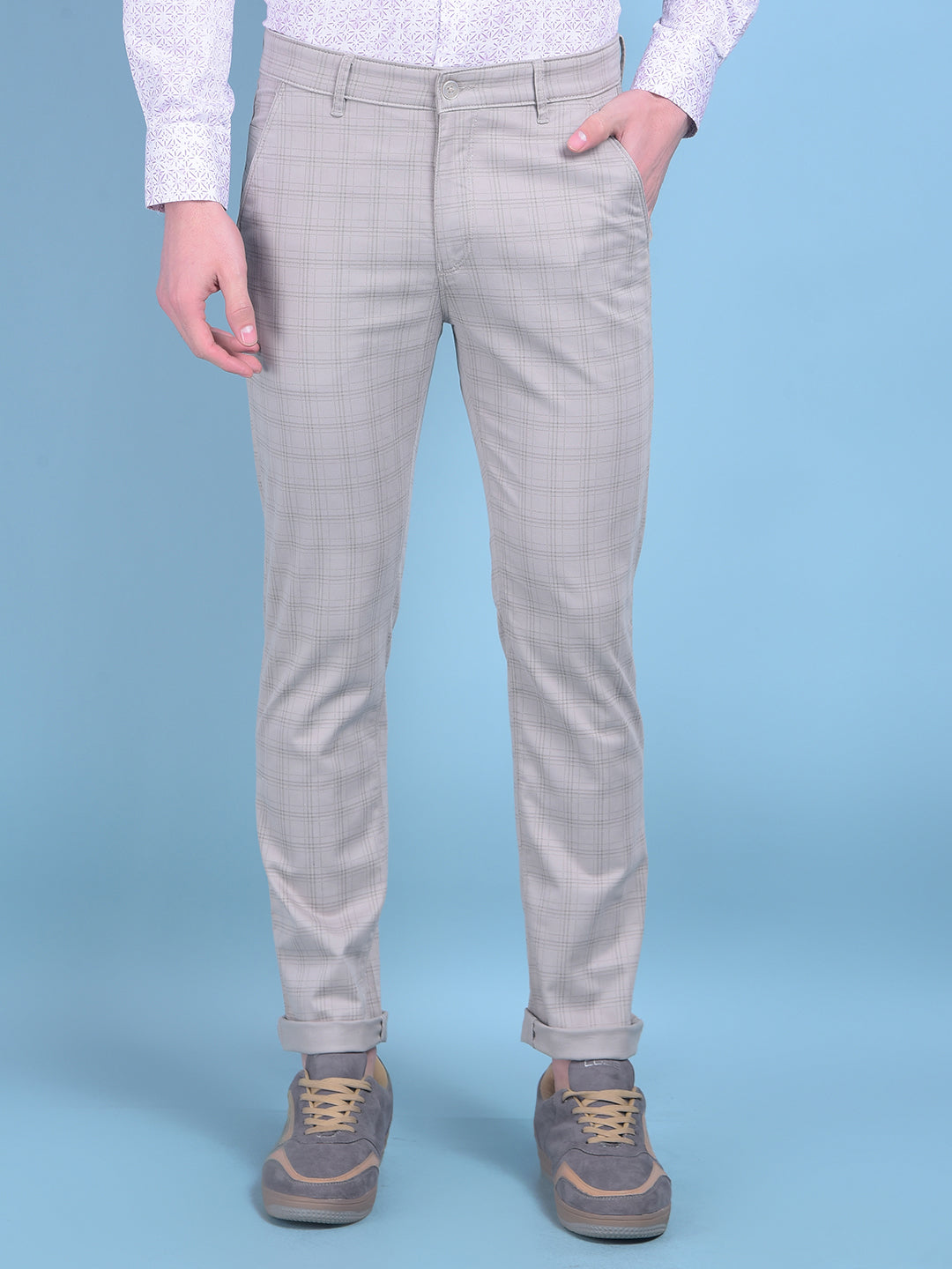 Grey Checked Stretchable Trousers-Men Trousers-Crimsoune Club