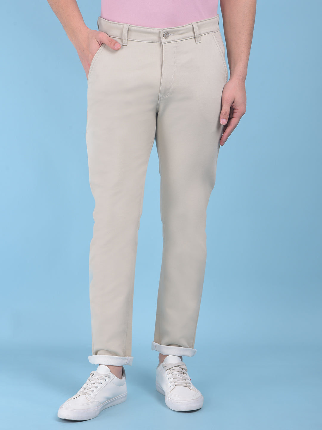 Beige Stretchable Cotton Trousers-Men Trousers-Crimsoune Club