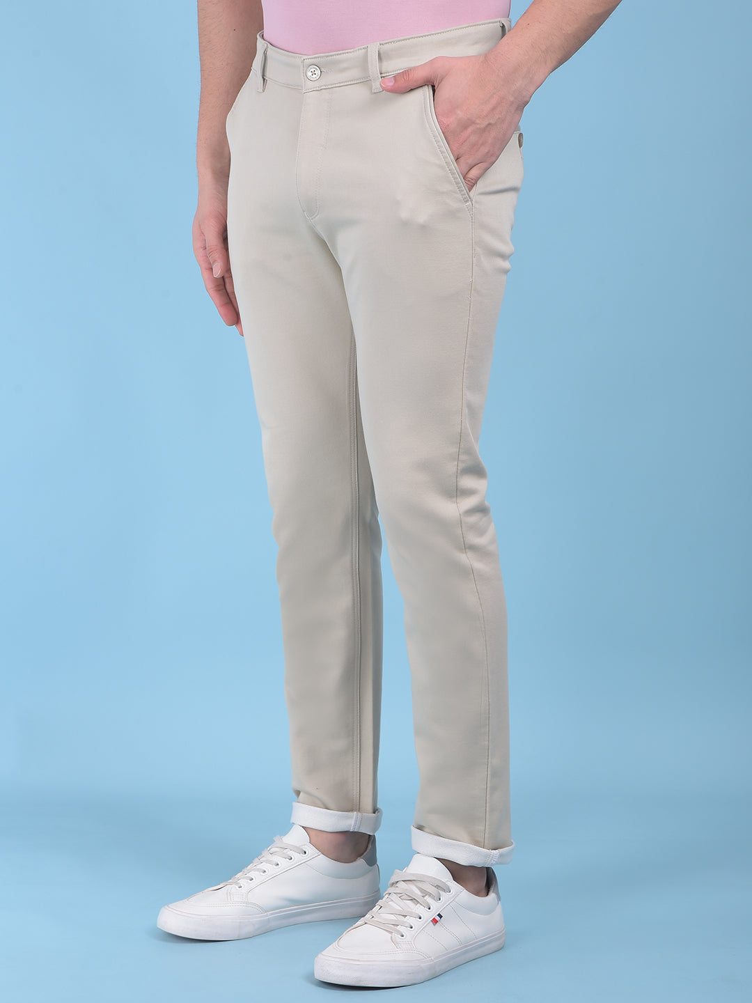 Beige Stretchable Cotton Trousers-Men Trousers-Crimsoune Club