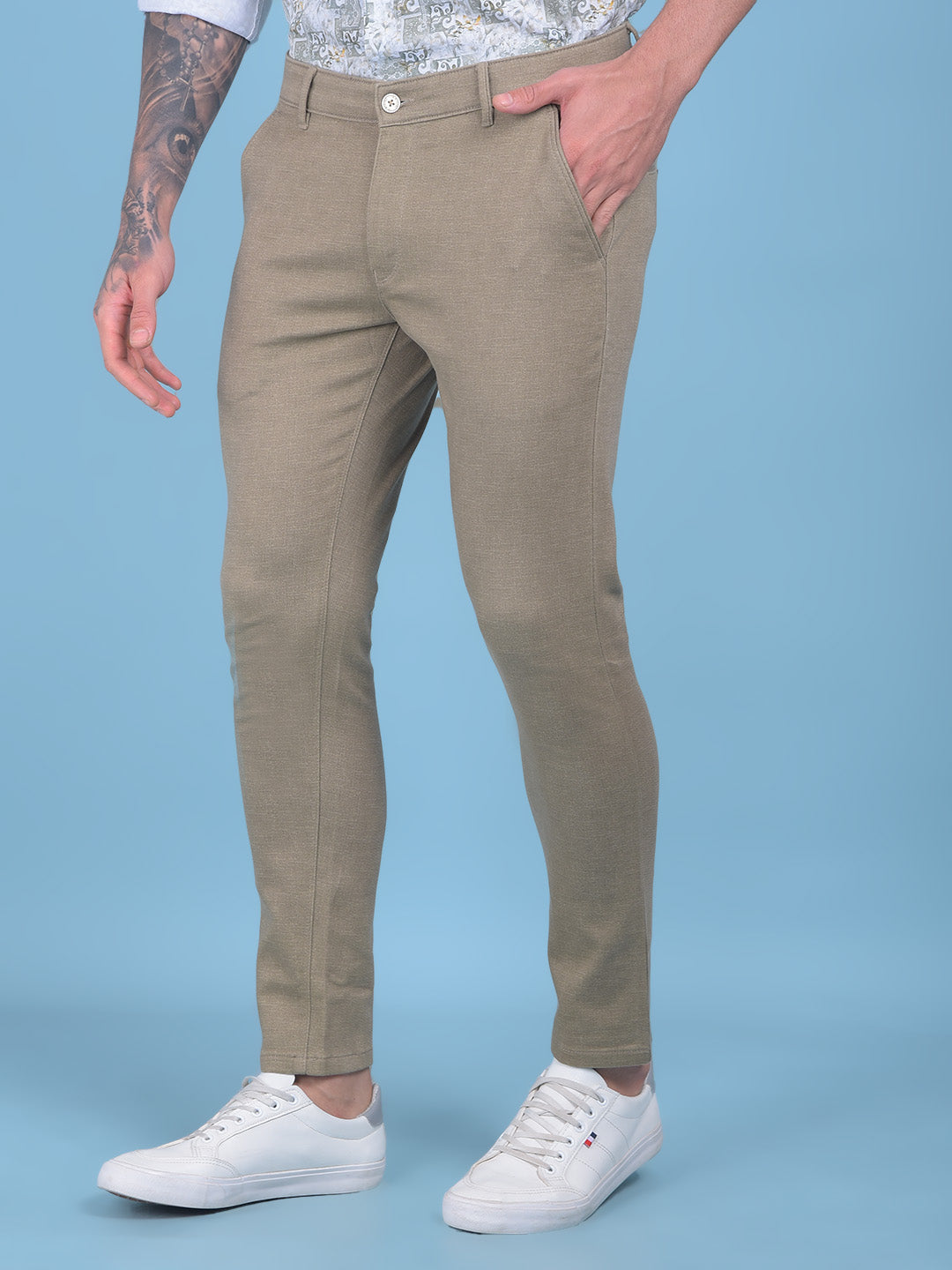 Khaki Textured Trousers-Men Trousers-Crimsoune Club