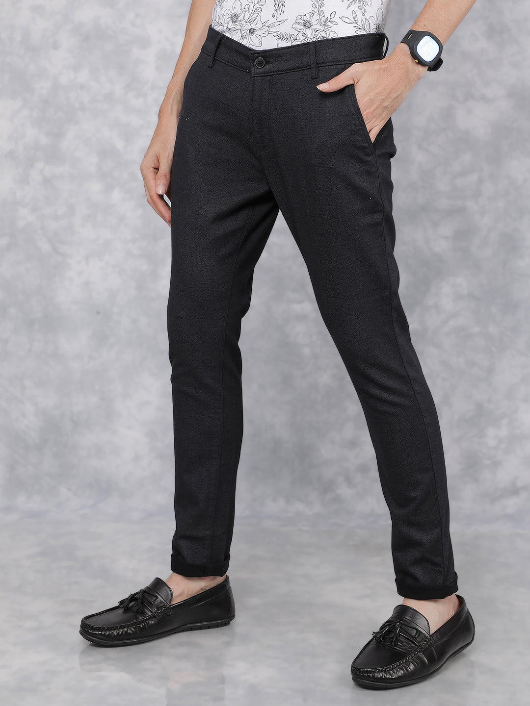 Black Printed Chinos Trousers-Men Trousers-Crimsoune Club