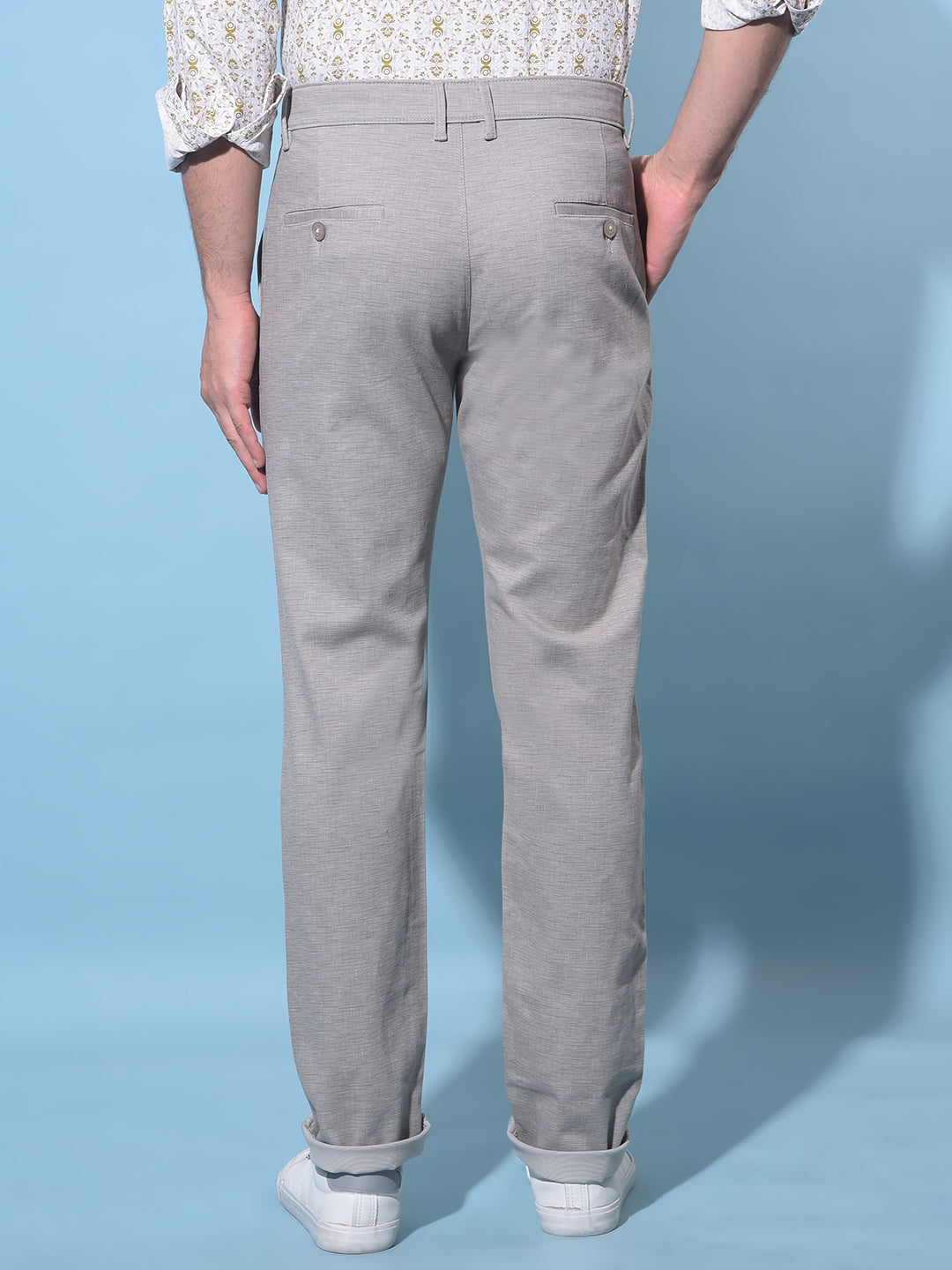 Grey Cotton Textured Print Trousers-Men Trousers-Crimsoune Club