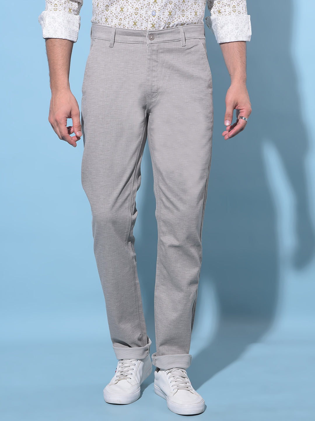 Grey Cotton Textured Print Trousers-Men Trousers-Crimsoune Club