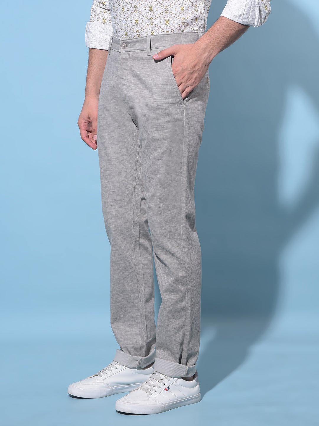 Grey Cotton Textured Print Trousers-Men Trousers-Crimsoune Club