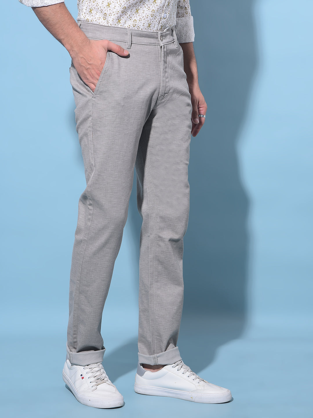 Grey Cotton Textured Print Trousers-Men Trousers-Crimsoune Club