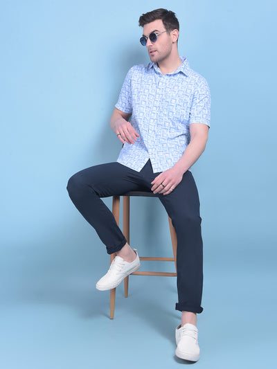 Blue Printed Stretchable Cotton Trousers-Men Trousers-Crimsoune Club