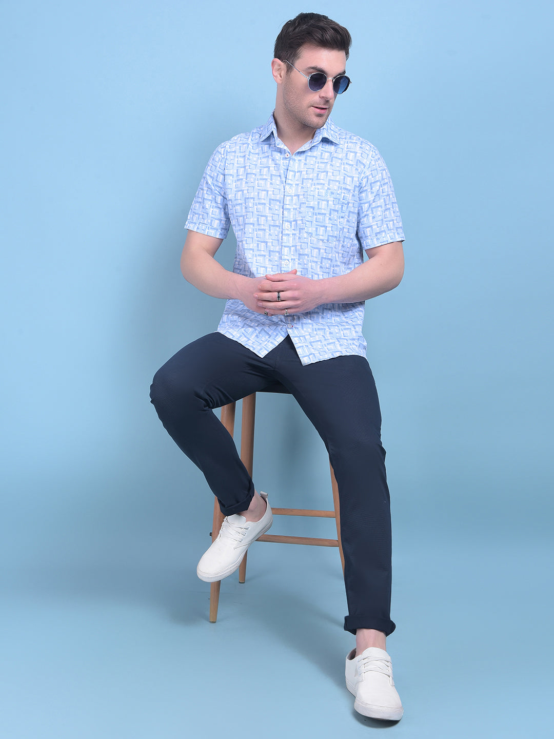 Blue Printed Stretchable Cotton Trousers-Men Trousers-Crimsoune Club