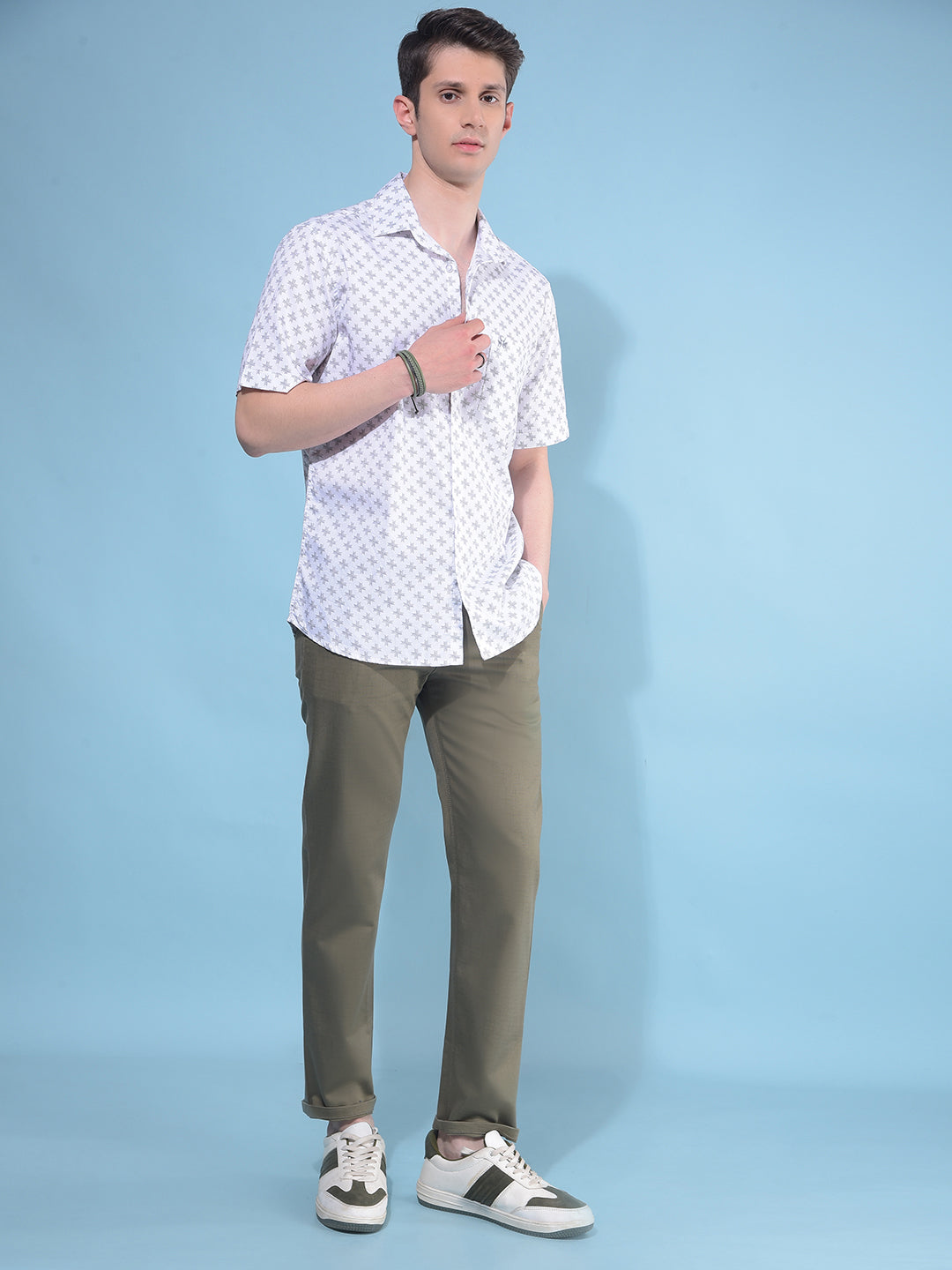 Olive Printed Cotton Straight Trousers-Men Trousers-Crimsoune Club