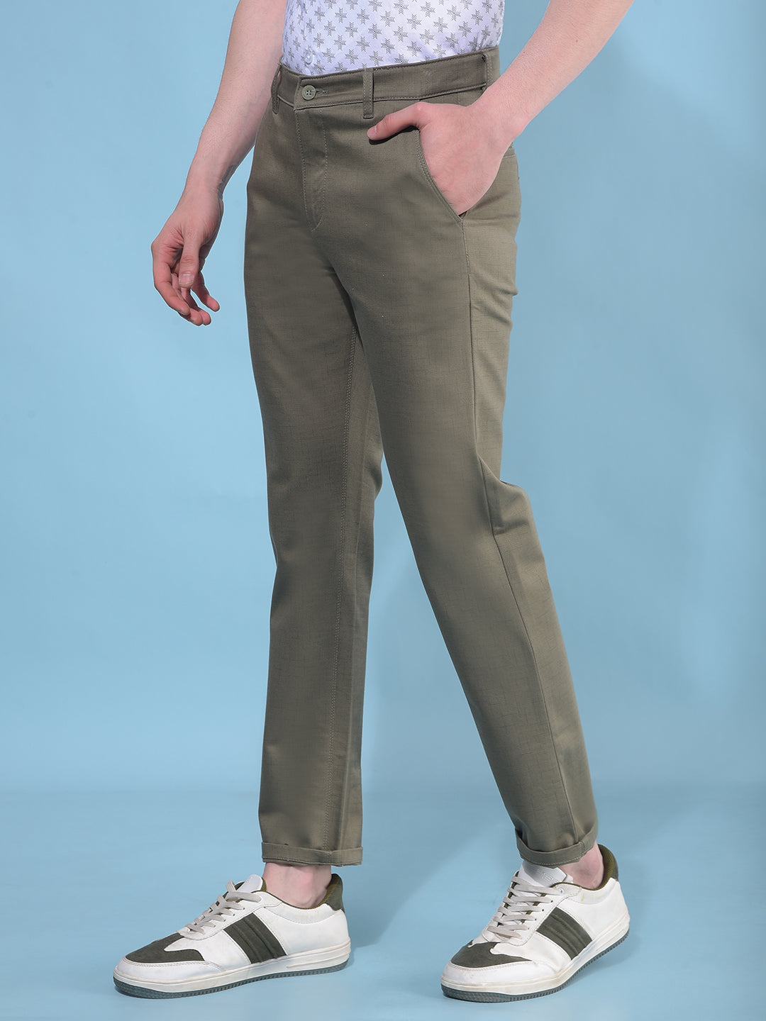 Olive Printed Cotton Straight Trousers-Men Trousers-Crimsoune Club