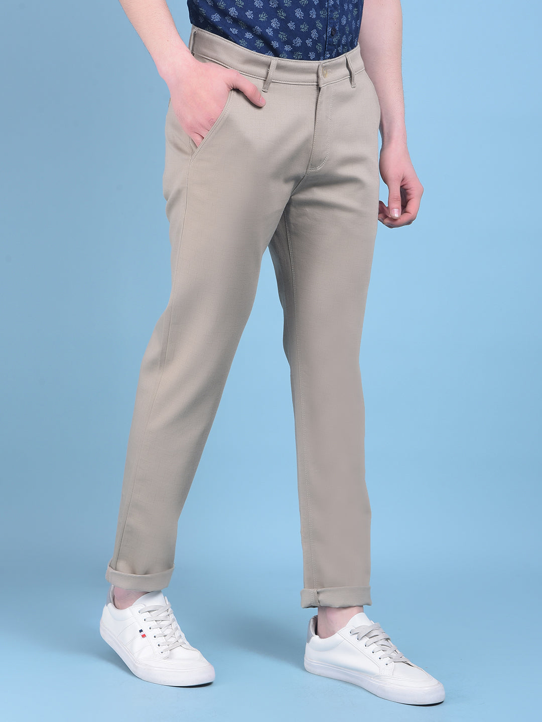 Khaki Printed Stretchable Cotton Trousers-Men Trousers-Crimsoune Club