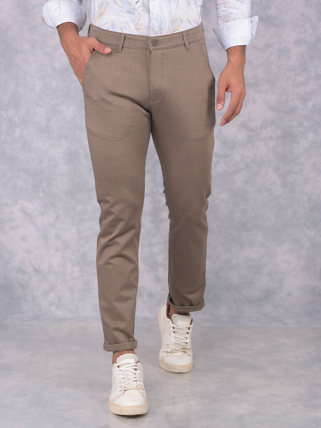 Khaki Textured Print Trousers-Men Trousers-Crimsoune Club