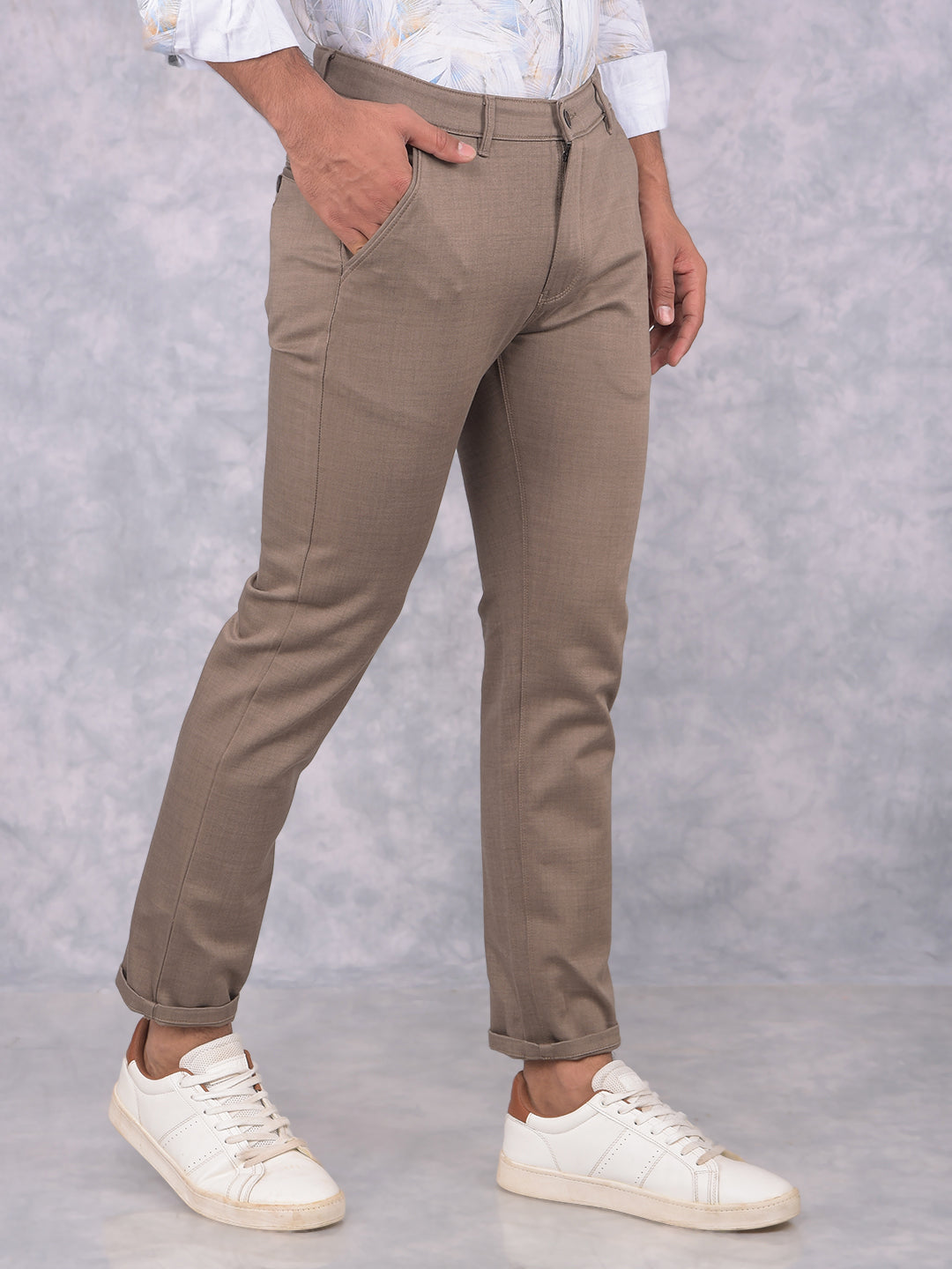 Khaki Textured Print Trousers-Men Trousers-Crimsoune Club