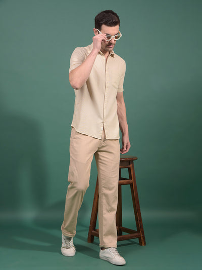 Beige Textured Straight Trousers-Men Trousers-Crimsoune Club
