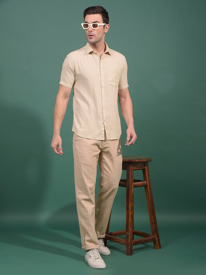 Beige Textured Straight Trousers-Men Trousers-Crimsoune Club