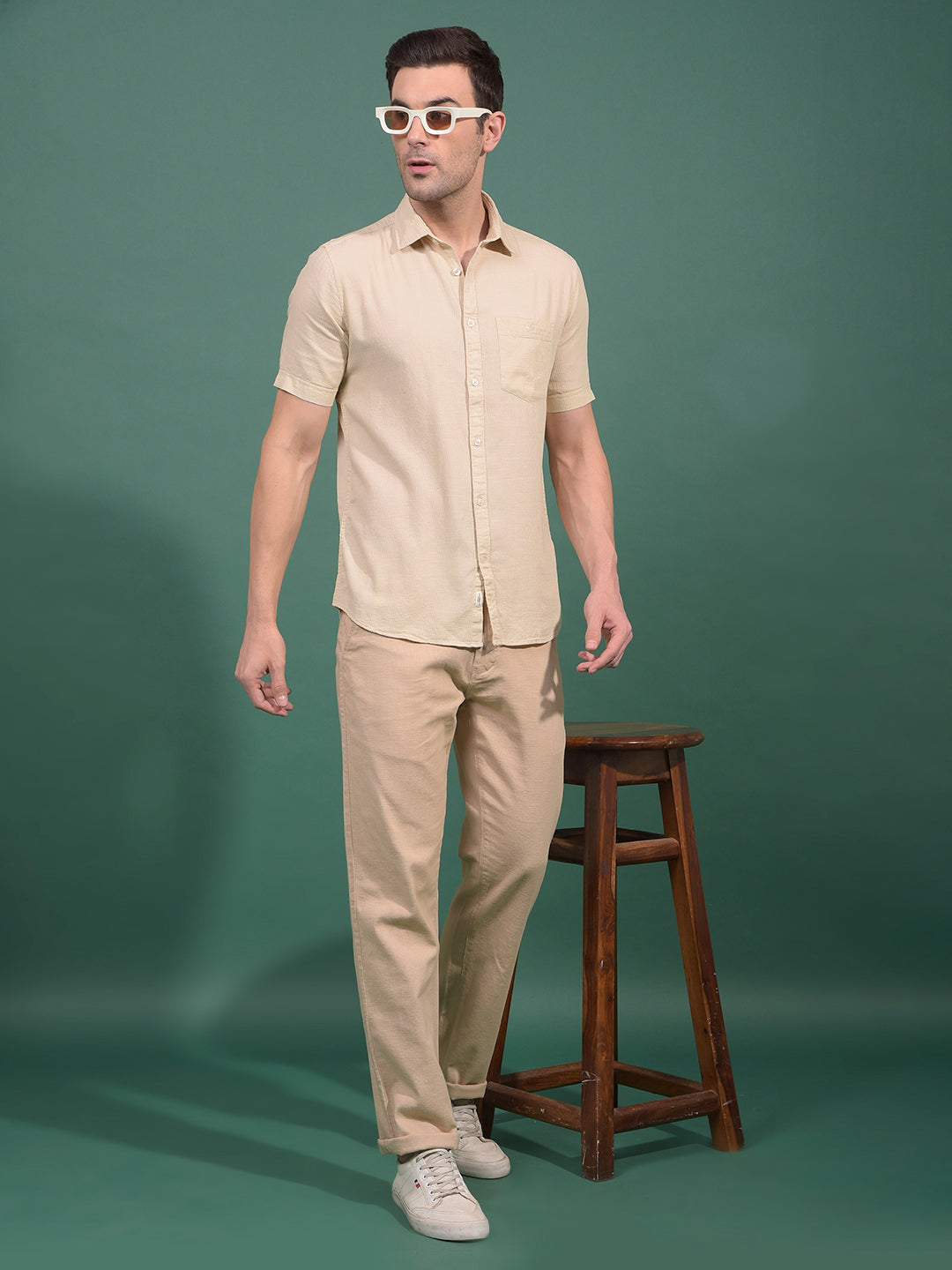 Beige Textured Straight Trousers-Men Trousers-Crimsoune Club