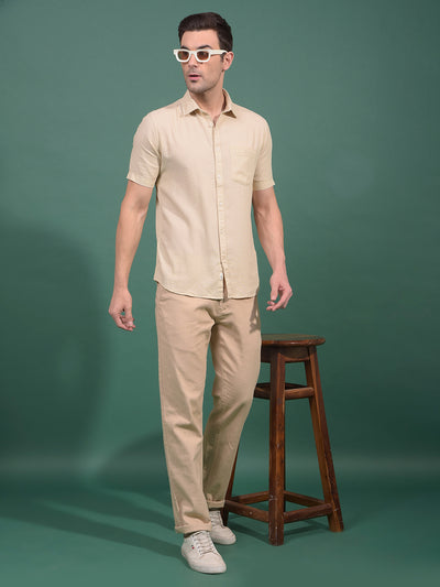 Beige Textured Straight Trousers-Men Trousers-Crimsoune Club