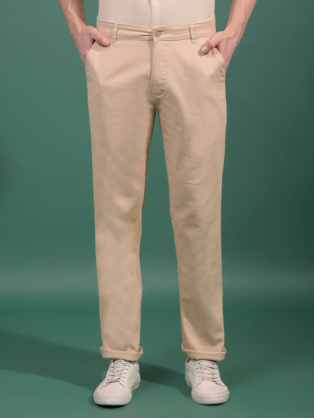 Beige Textured Straight Trousers-Men Trousers-Crimsoune Club