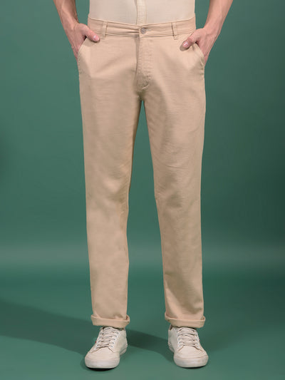 Beige Textured Straight Trousers-Men Trousers-Crimsoune Club