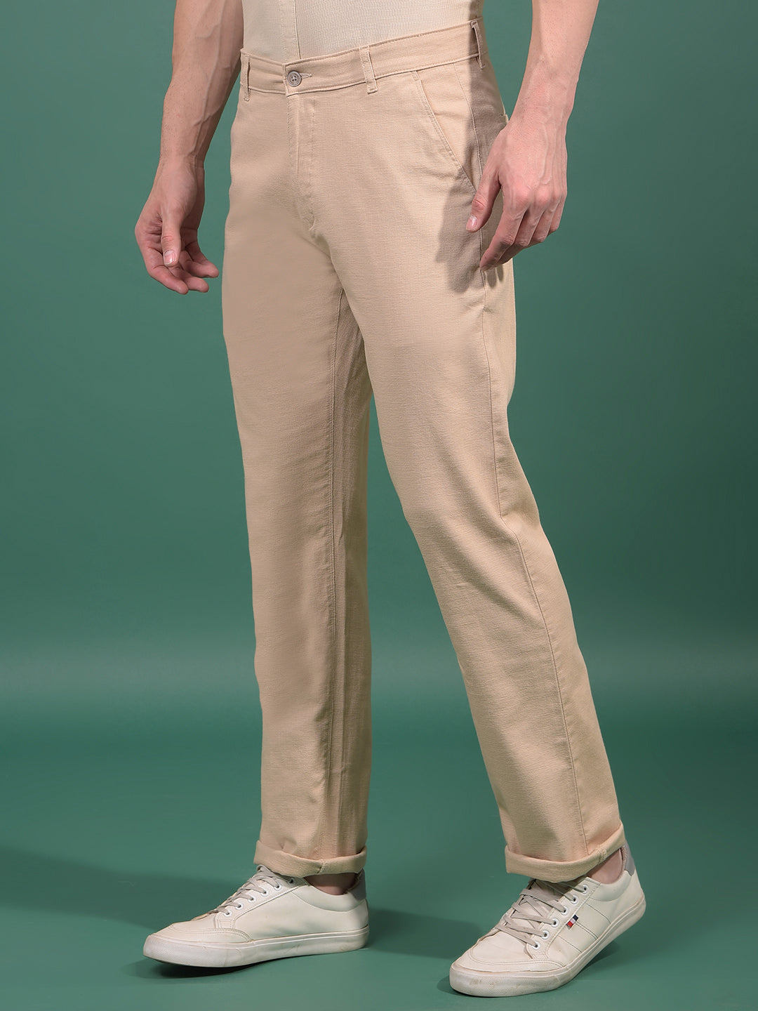 Beige Textured Straight Trousers-Men Trousers-Crimsoune Club
