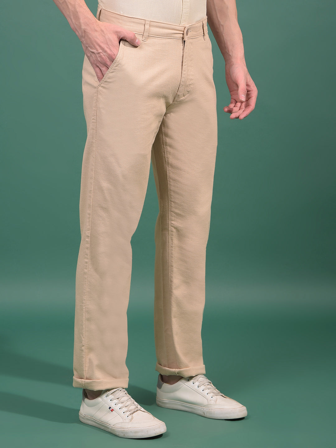 Beige Textured Straight Trousers-Men Trousers-Crimsoune Club