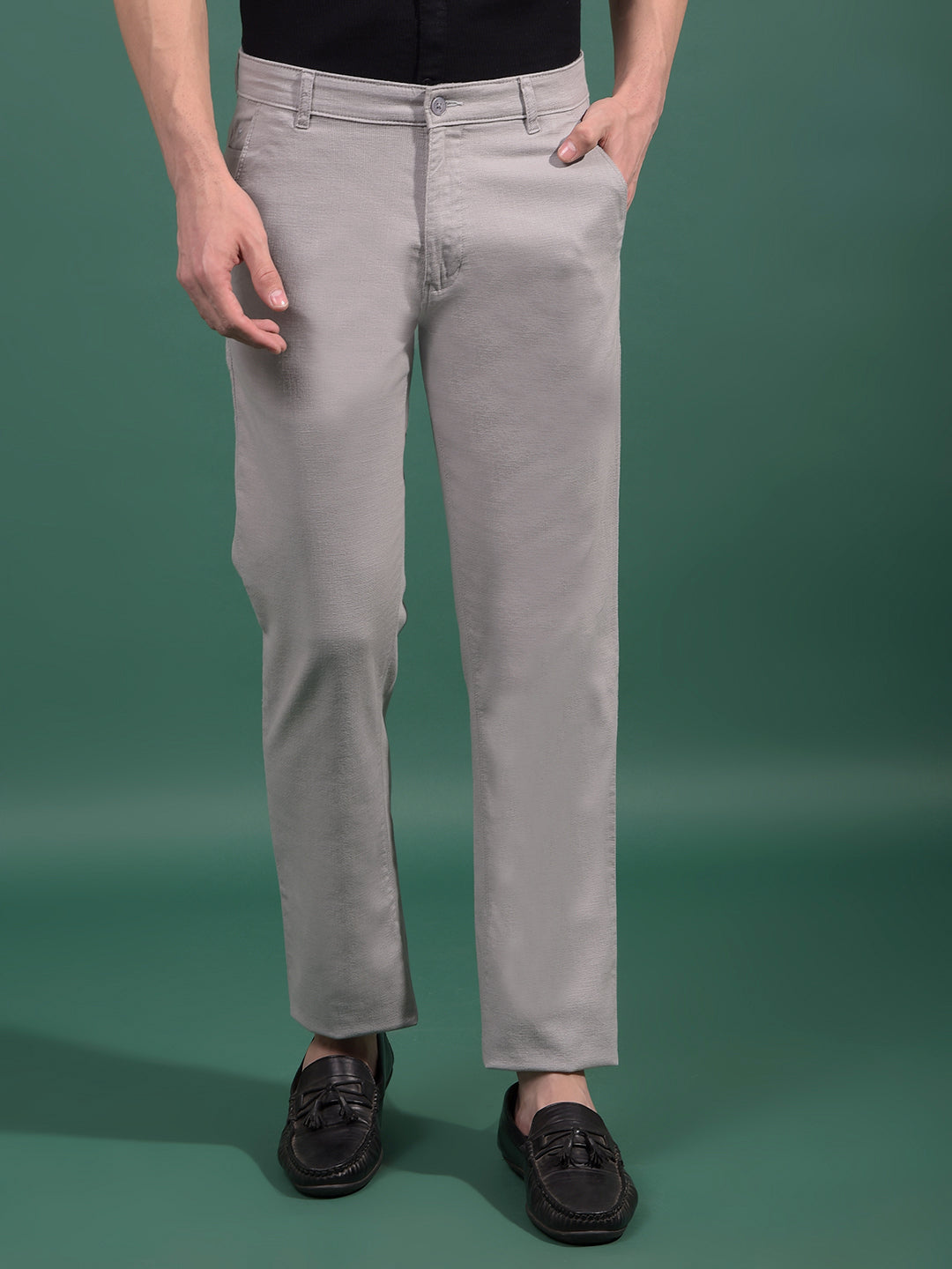 Grey Textured Straight Trousers-Men Trousers-Crimsoune Club