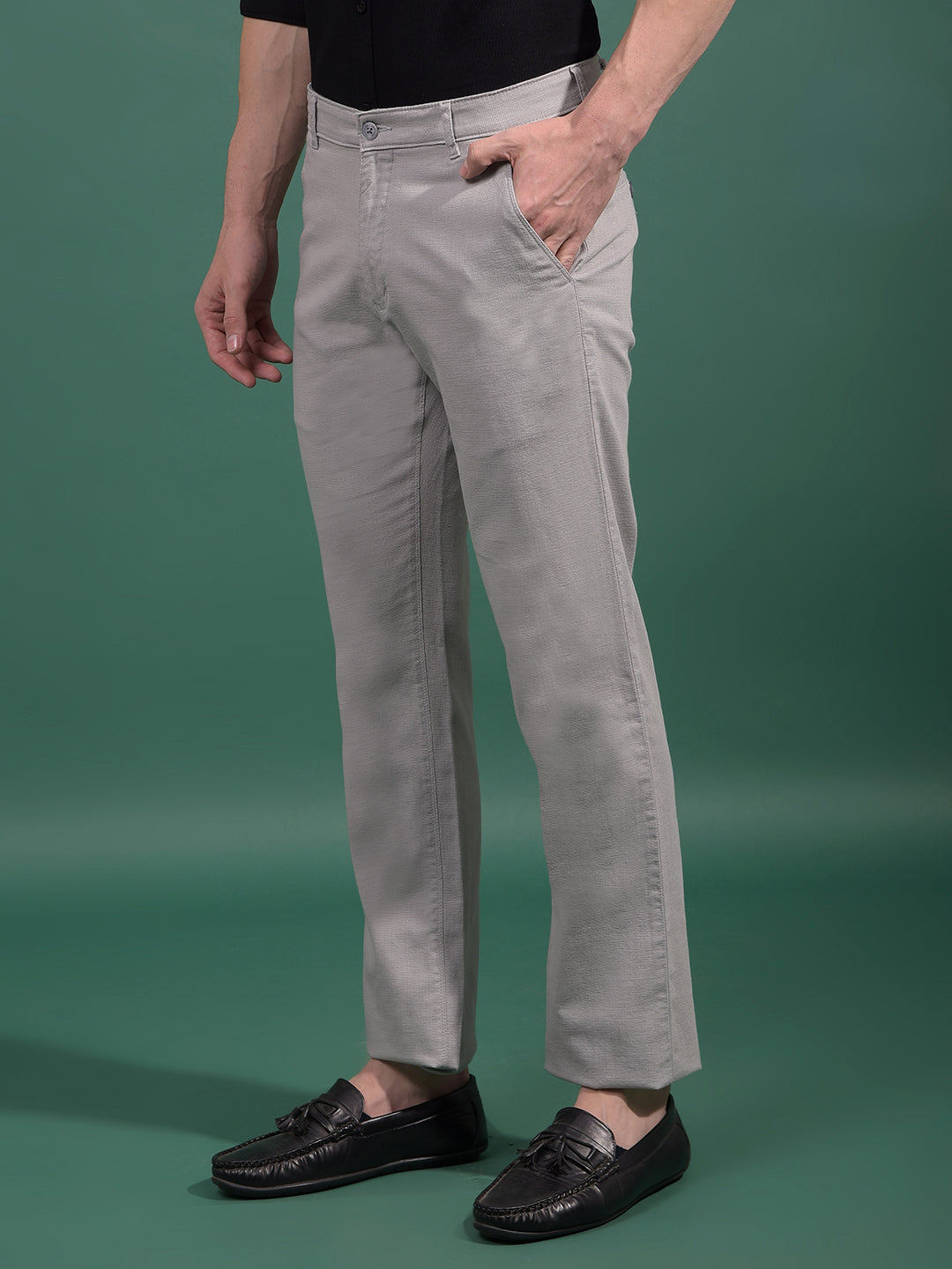 Grey Textured Straight Trousers-Men Trousers-Crimsoune Club