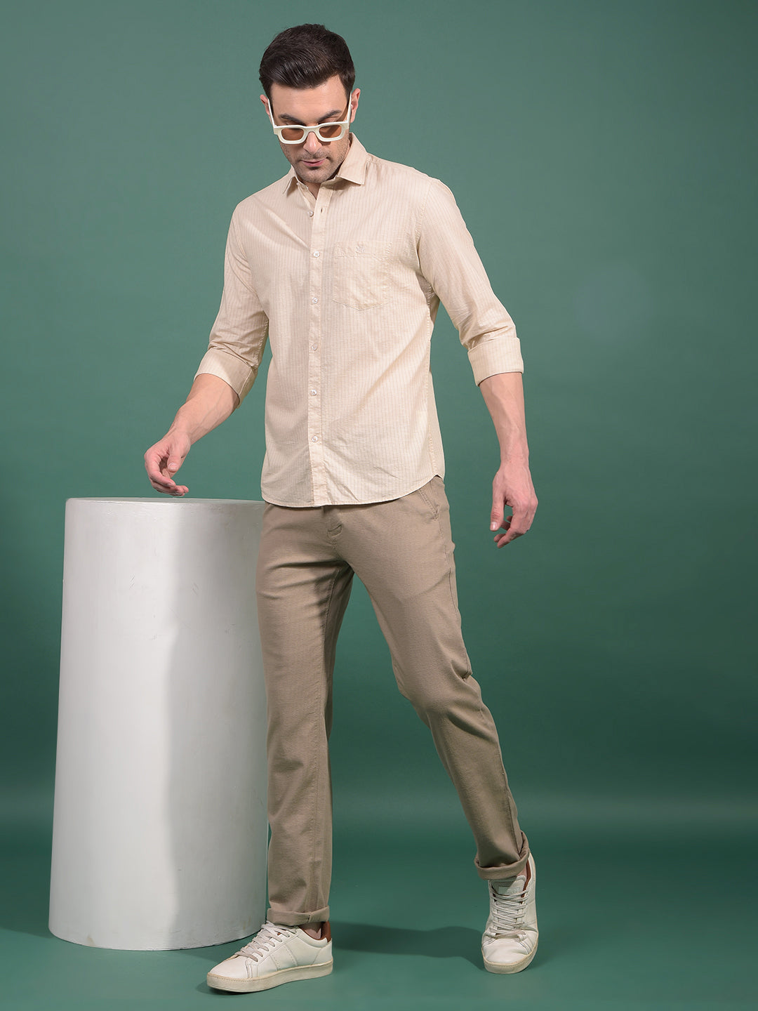 Khaki Textured Straight Trousers-Men Trousers-Crimsoune Club