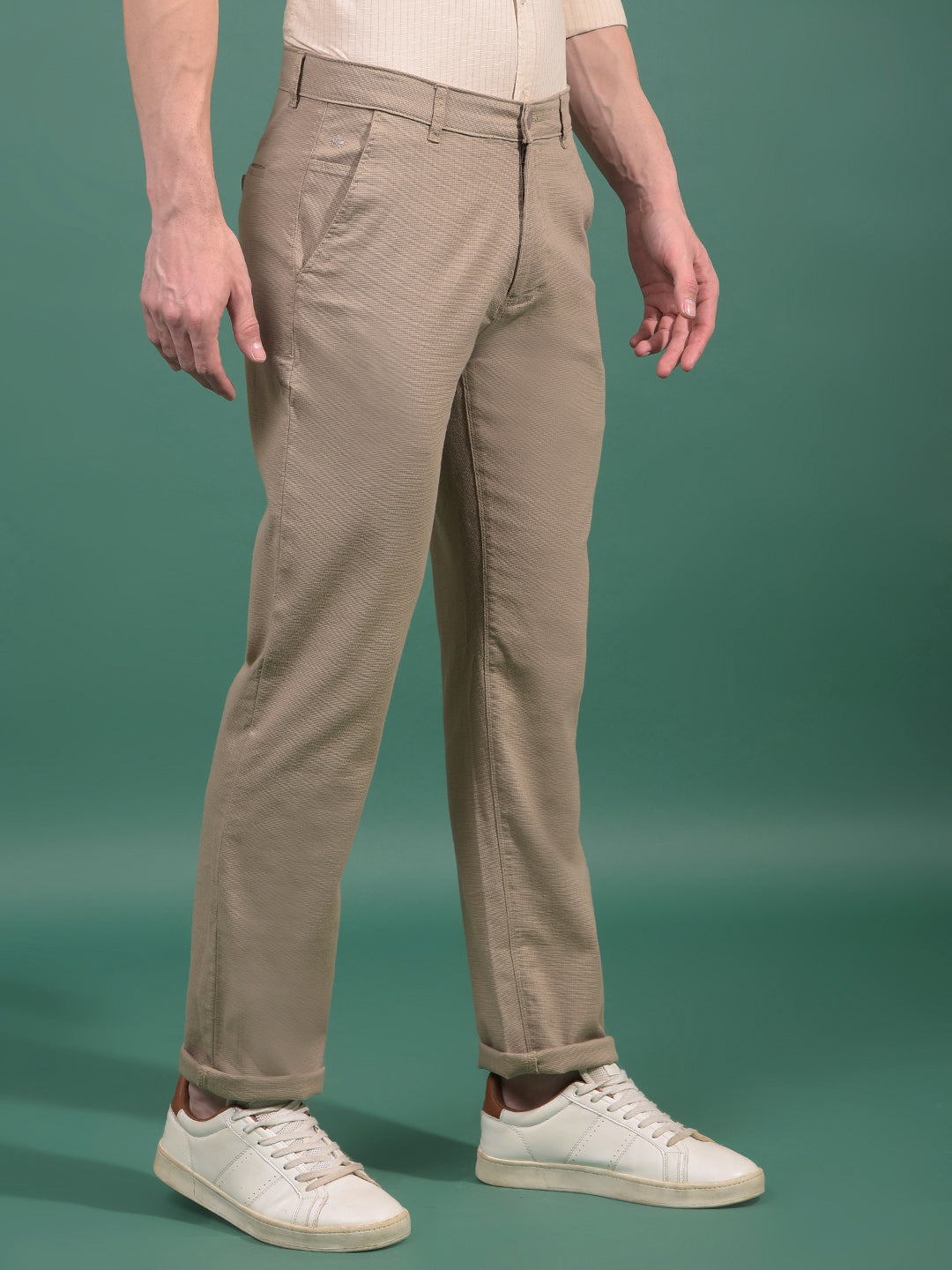 Khaki Textured Straight Trousers-Men Trousers-Crimsoune Club