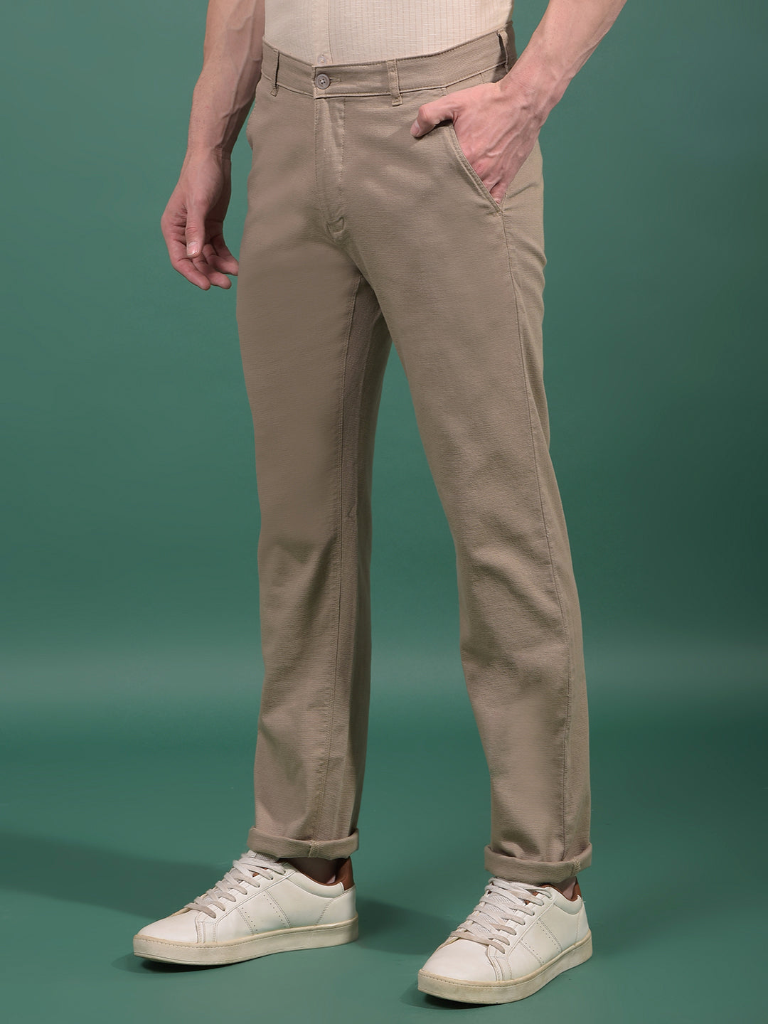 Khaki Textured Straight Trousers-Men Trousers-Crimsoune Club