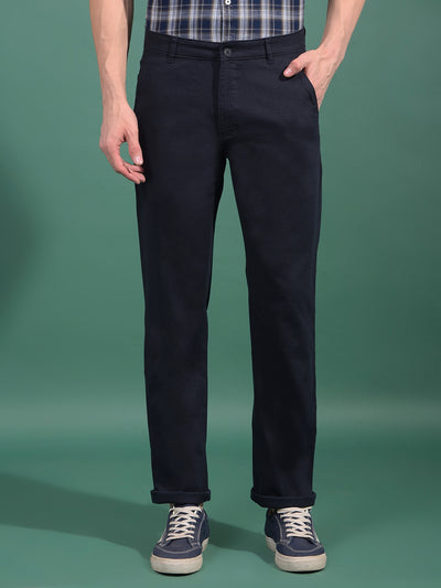 Navy Blue Textured Straight Trousers-Men Trousers-Crimsoune Club