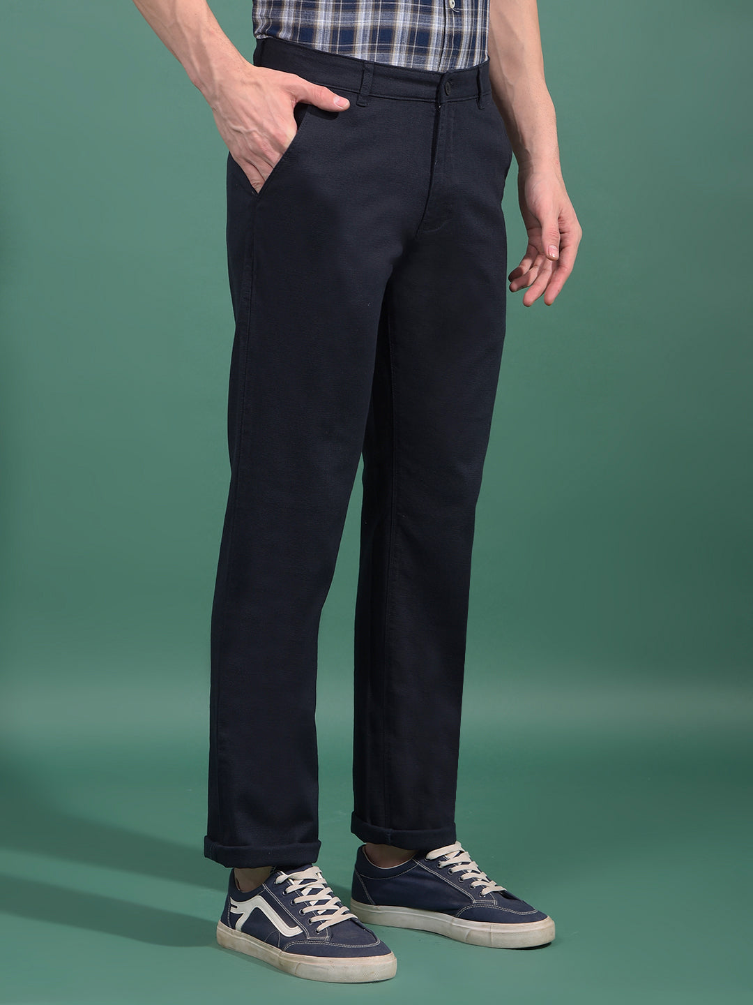 Navy Blue Textured Straight Trousers-Men Trousers-Crimsoune Club