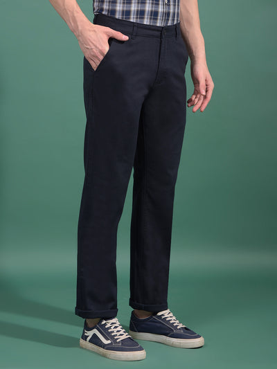 Navy Blue Textured Straight Trousers-Men Trousers-Crimsoune Club