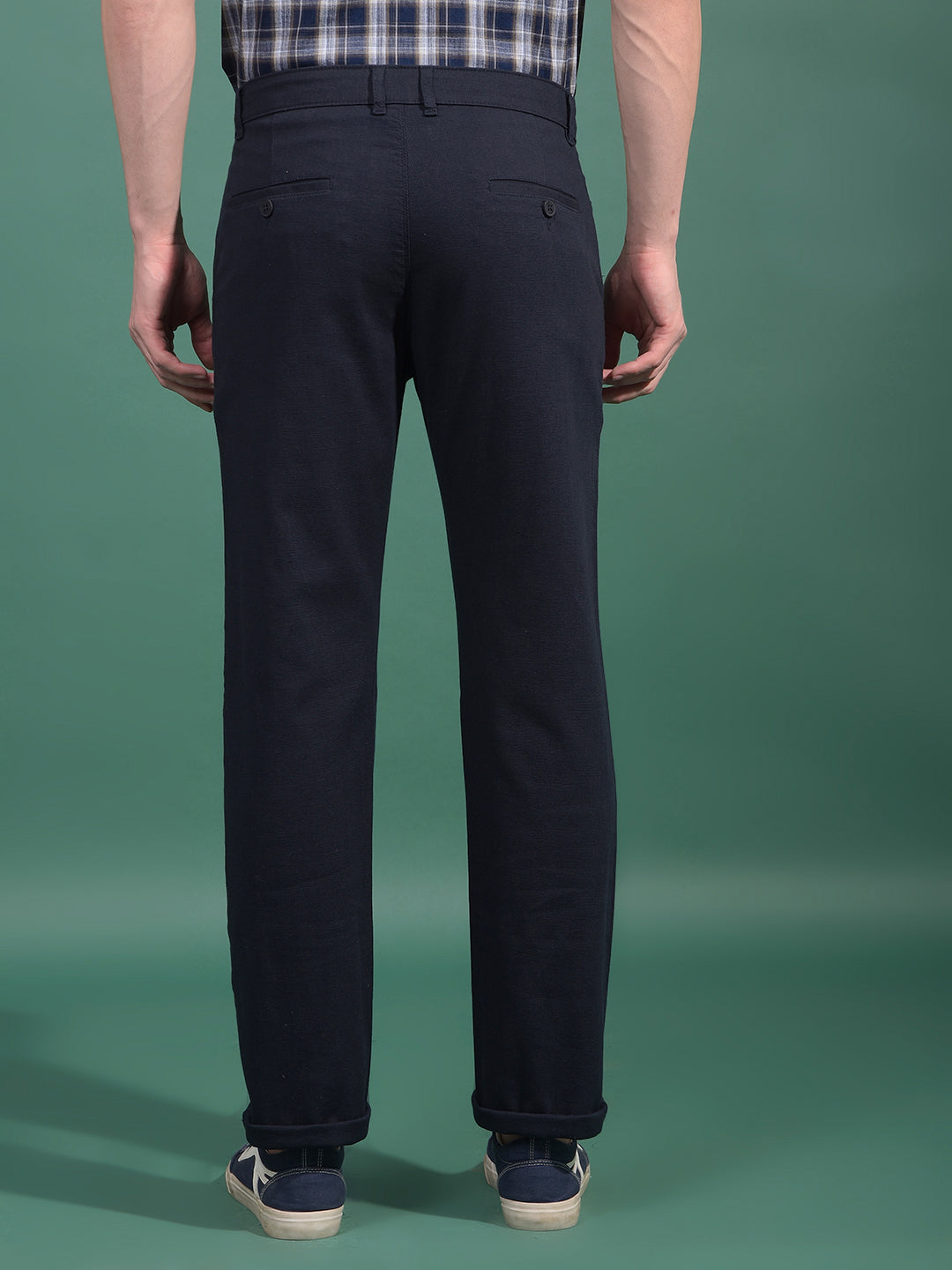 Navy Blue Textured Straight Trousers-Men Trousers-Crimsoune Club
