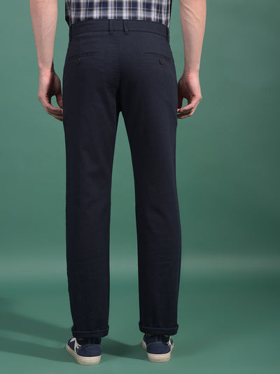 Navy Blue Textured Straight Trousers-Men Trousers-Crimsoune Club