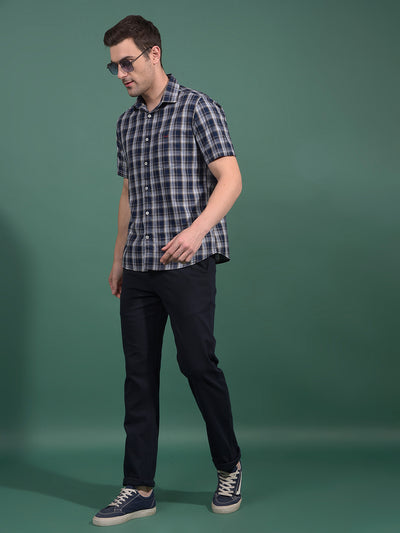 Navy Blue Textured Straight Trousers-Men Trousers-Crimsoune Club